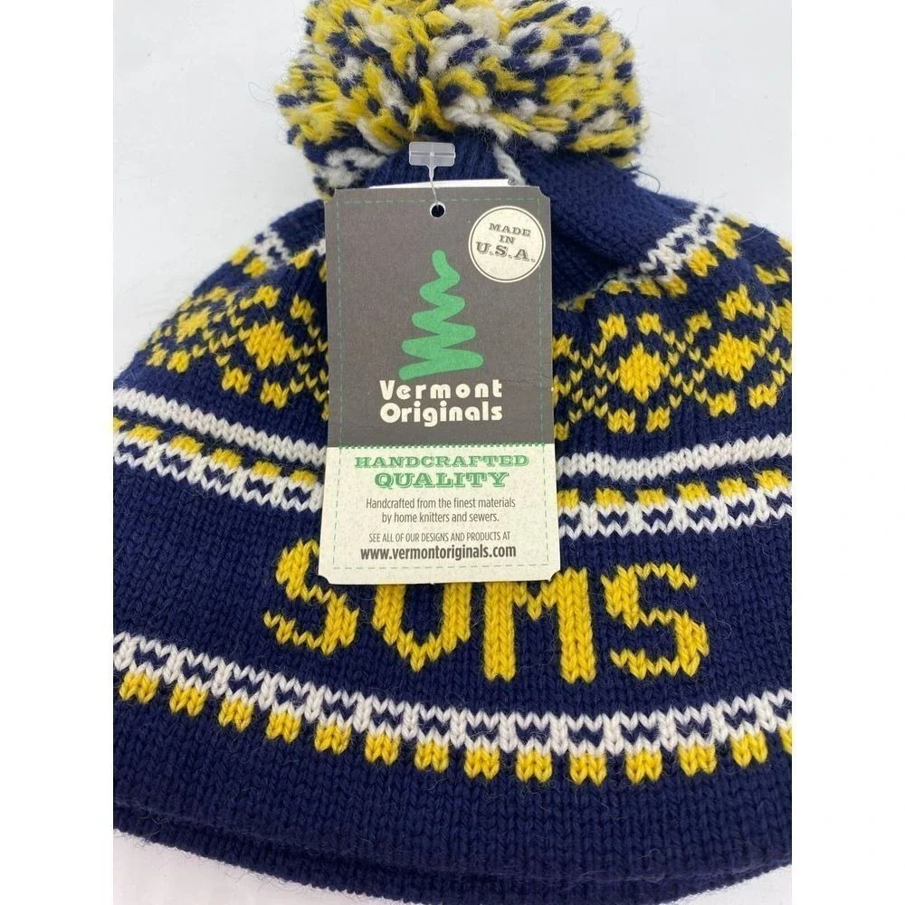 Vermont Originals Turtle Fur Beanie Kids Navy Yellow Wool Yarn Hat Winter NEW